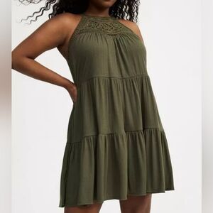 Torrid Olive Green Crochet Halter Neck Jersey Cotton Trapeze Swing Dress 2X NWT